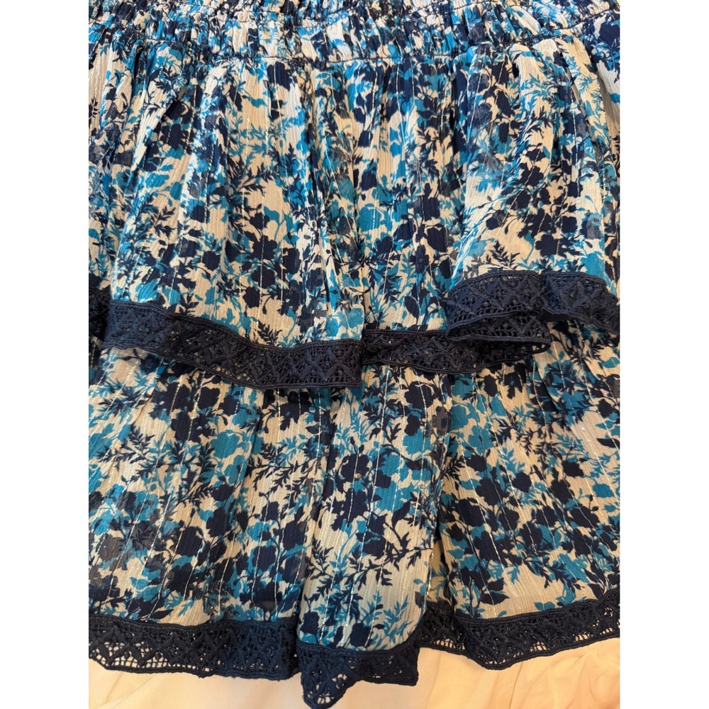 Ramy Brook Blue Floral Metallic Smocked Tiered Mini Skirt XS